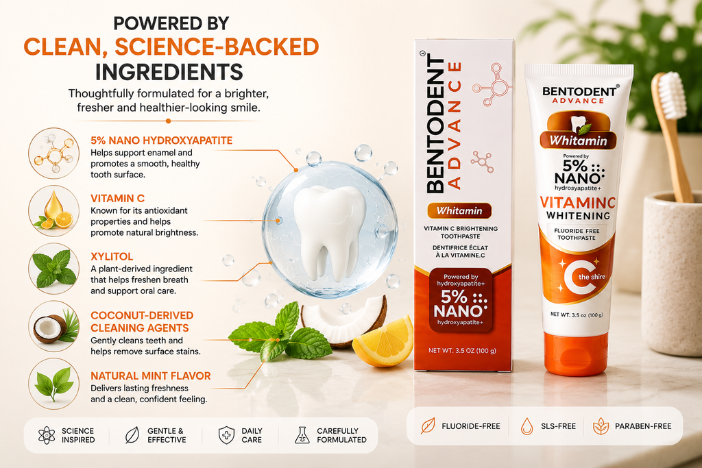 BENTODENT® Whitamin Toothpaste – Vitamin C + 5% Nano Hydroxyapatite, Reimagined.